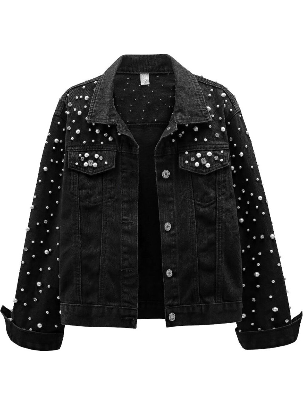 〽️Women's Black Pearl Rhinestone Cropped Denim Jacket Jean Coat